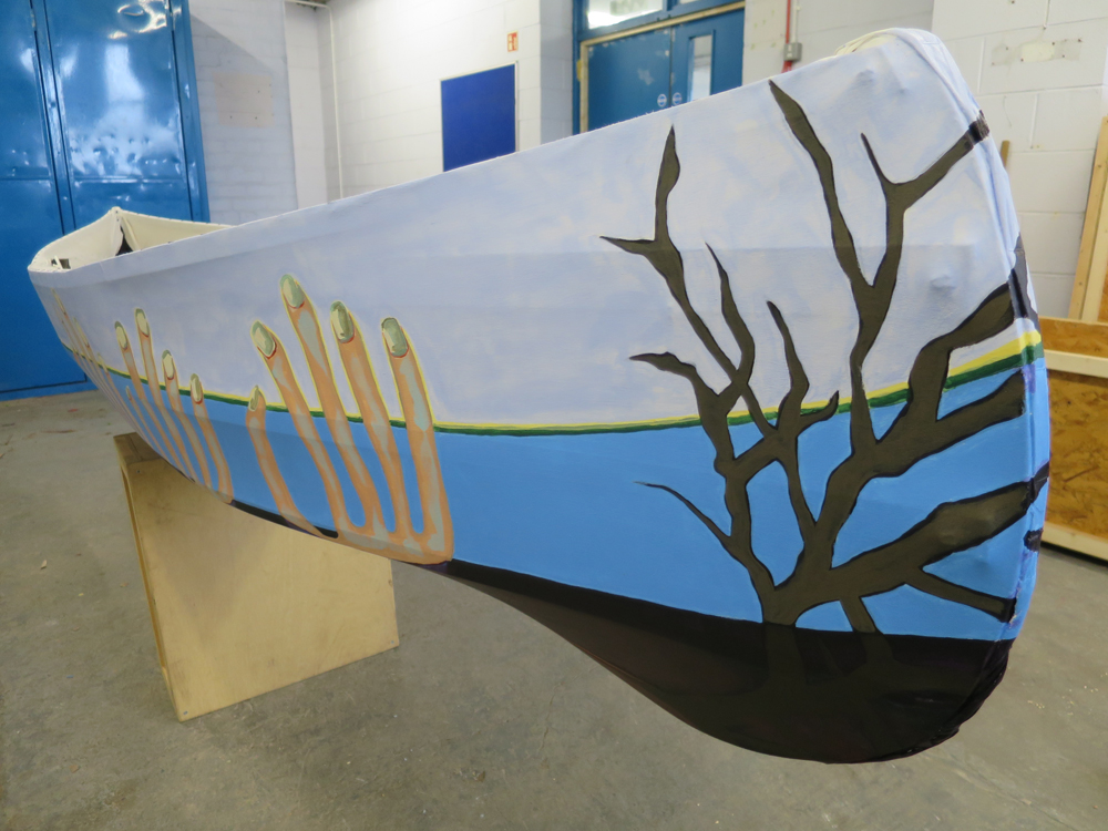 Fingers grow gnarled in the watery pass / Icy hands hold us afloat. AFM 2020 (Painting canoe sculptures)